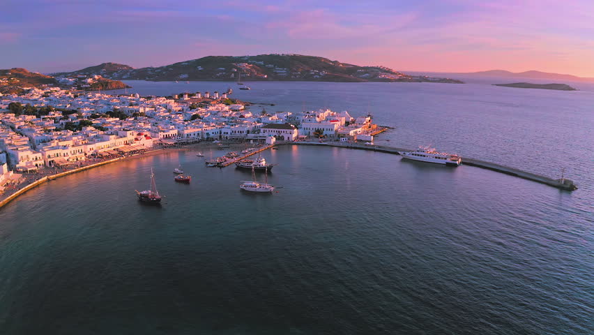 Mykonos greek island sunset aerial view. Travel to Greece for vacation holidays Royalty-Free Stock Footage #1105328397