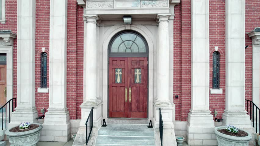 Drone shot of the entrance to the Church of Saint Mary, Cranston, Rhode Island.