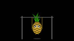 This is a motion graphic animation video of a cartoon pineapple fruit doing pull-ups exercise, on alpha channel background.
