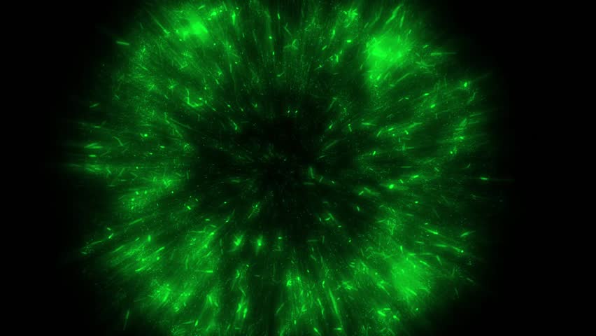 Green particulars fireworks explosions on black background. High-quality motion animation, consisting of bright, vibrant, neon-colored blasts of particles, generated on a black background. 4k Ultra HD