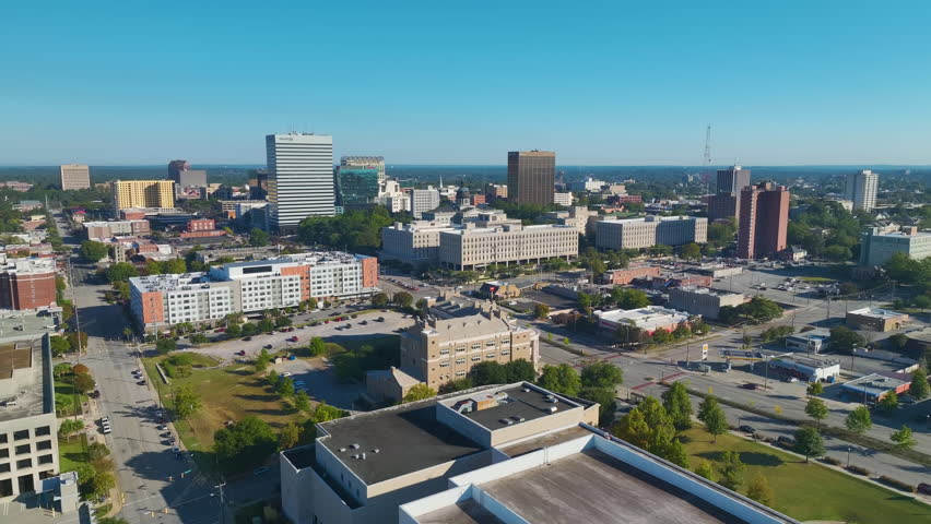 Downtown architecture of Columbia city in South Carolina. View of office and apartment buildings in american city. US travel destination.