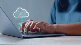 Woman using laptop with data being synchronized to cloud computing online storage. Virtual AI of cloud computing. Cloud storage, data center analytics, online storage and document archive concept. - Powered by Shutterstock - Get 15% off with code: PIKWIZARD15