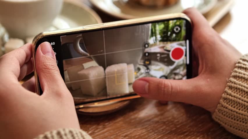 Woman Hands Taking Photos Of Dinner Food By Smartphone. Closeup. 4K. High quality 4k footage