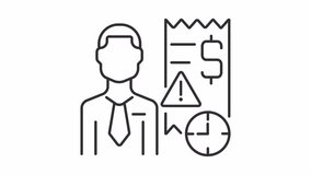 Animated collector line icon. Office worker with bill and warning sign animation. Clock ticking. Debt collection. Loop HD video with alpha channel, transparent background. Outline motion graphic