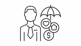 Animated insurance agent line icon. Broker with insurance service symbols under umbrella animation. Financial sector. Loop HD video with alpha channel, transparent background. Outline motion graphic