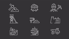 Coal industry white icons animation. Animated line power station. Mining exploration. Fuel production. Loop HD video with alpha channel, transparent background. Motion graphic design for night mode