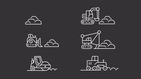 Heavy vehicle white icons animation. Animated line mining machinery. Civil engineering. Loop HD video with alpha channel, transparent background. Motion graphic design for night mode