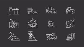 Coal mining white icons animation. Animated line mining exploration. Fossil fuel. Energy production. Loop HD video with alpha channel, transparent background. Motion graphic design for night mode