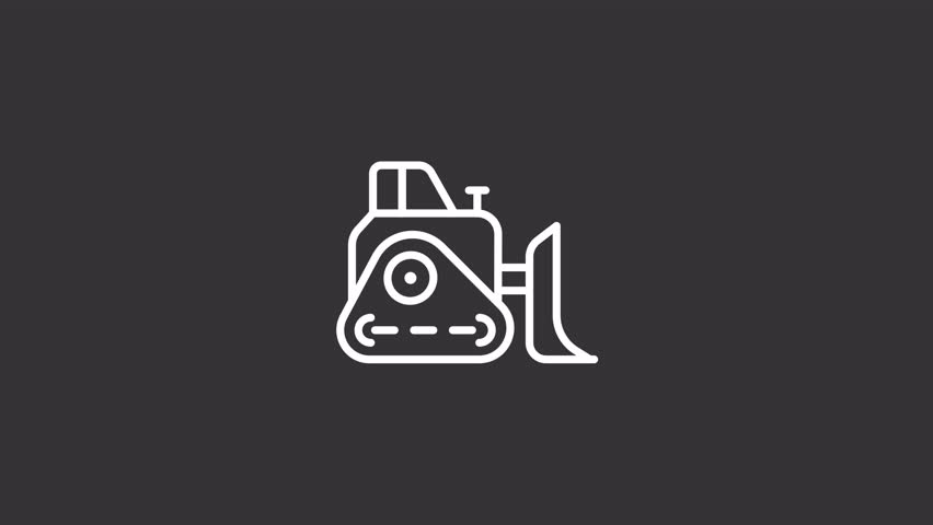 Animated crawler dozer white icon. Bulldozer working line animation. Construction equipment. Loop HD video with alpha channel, transparent background. Motion graphic design for night mode