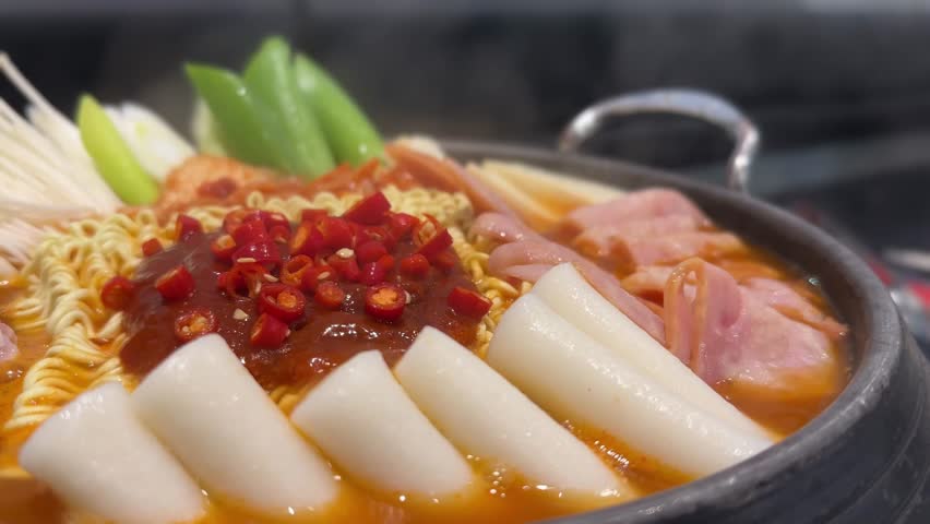 Budae jjigae is korean traditional food. anyway very famous international food. It is loaded with Kimchi, spam, sausages, ramen noodles, Korean hot pot food style.  Royalty-Free Stock Footage #1105349471