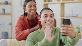 Couple, hello with video call or live streaming in living room, communication and social media with influencer team. Woman hug man, wave at phone and people at home, vlogging together and talking