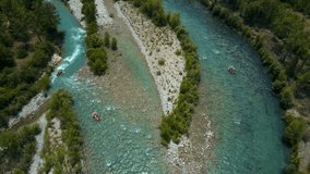 Aerial View Rafting Team in River