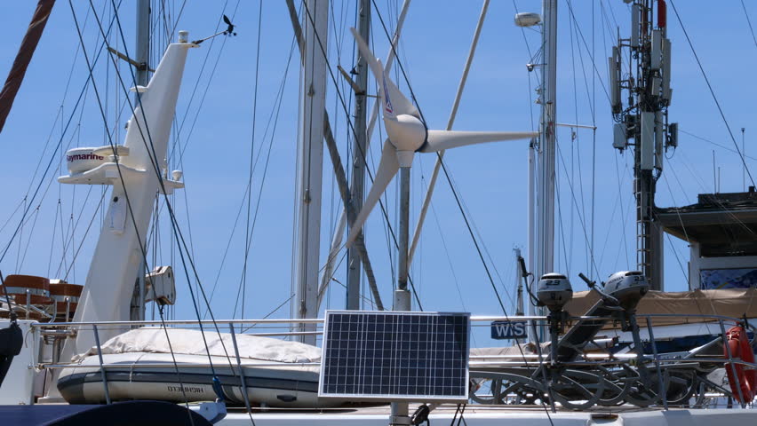 wind turbine and photovoltaic panel on a boat Royalty-Free Stock Footage #1105355057
