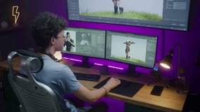 Young video game 3D designer draws character, creates animation. Teenager works remotely at home on computer and big digital screen with professional program interface for 3D modeling and design.