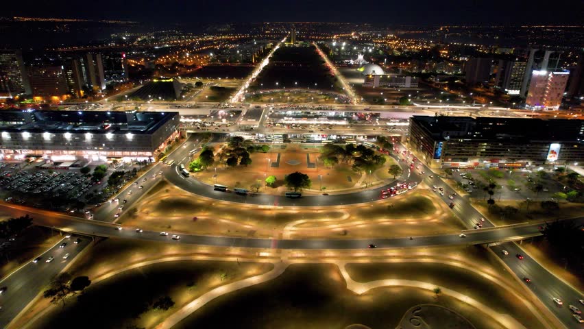 Night Traffic At Brasilia Federal District Brazil. Road Bridge. Avenues Skyline Commercial Offices Stunning. Avenues Cityscape Commercial Offices Commercial Building Night. Brasilia Brazil.