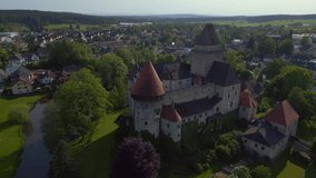 Austria burg castle summer day Europe. Fabulous aerial top view flight drone