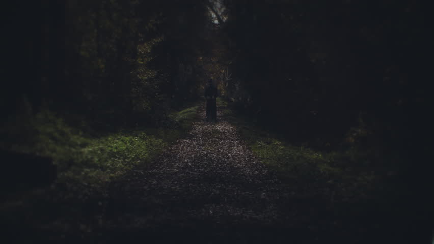 Haunted Forest Creepy Figure Sorcery Spooky Scene Zoom In. Spooky woods with a creepy ghostly figure practicing sorcery and approaching camera. Weird scene Royalty-Free Stock Footage #1105361565