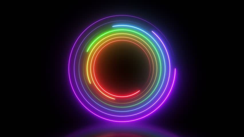 3d render neon glowing rainbow circles rotation animation on black background. Seamless looping video