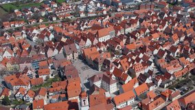 Aerial around the old town Weissenburg in Germany on a sunny day in spring