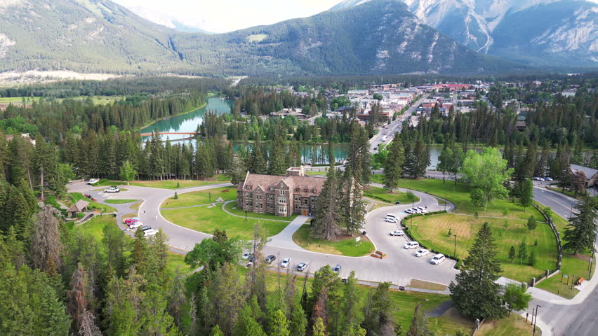 4K Drone Revealing shot, Town of Banff, Morning shot.  Banff National Park, Alberta, Canada.
