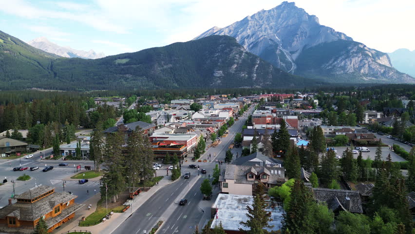 4K Drone Revealing shot, Town of Banff, Morning shot.  Banff National Park, Alberta, Canada.