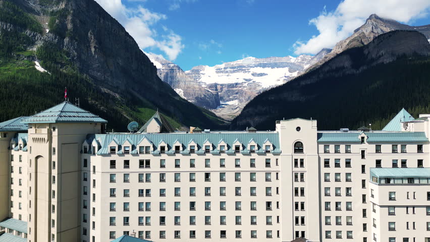 Drone revealing shot Lake Louise, Banff national park, Alberta, Canada