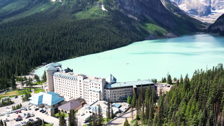 4K Drone Lake Louise and Fairmont Chateau in Banff National Park, AB, Canada Royalty-Free Stock Footage #1105367345
