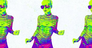 Motion design fun animation. Art collage, magazine style. Suitable for use in vj and misic videos. Girl dancing with an aggressive grunge effect