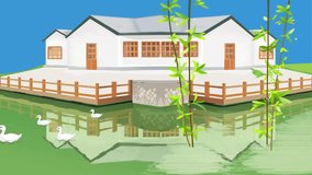 Abstract beautiful house background and 2d animation, natural scene, ducks , river
