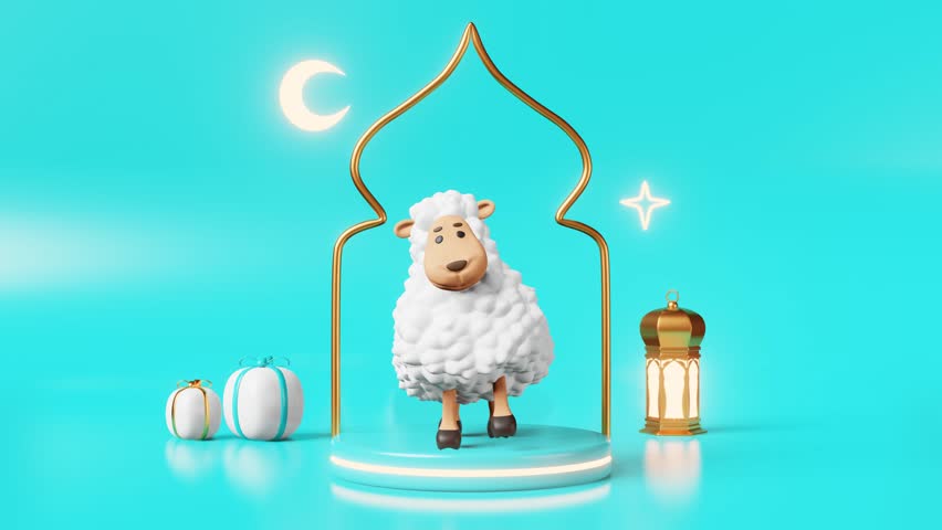 Dancing sheep podium Sacrifice Islamic holidays advertising 3d animation Lamb Udhiya-Qurbani Ramadan, Raya Hari, Mawlid Muslim festival Eid al-Adha Eid al-Fitr Crescent Star Lantern Generosity Charity Royalty-Free Stock Footage #1105371067
