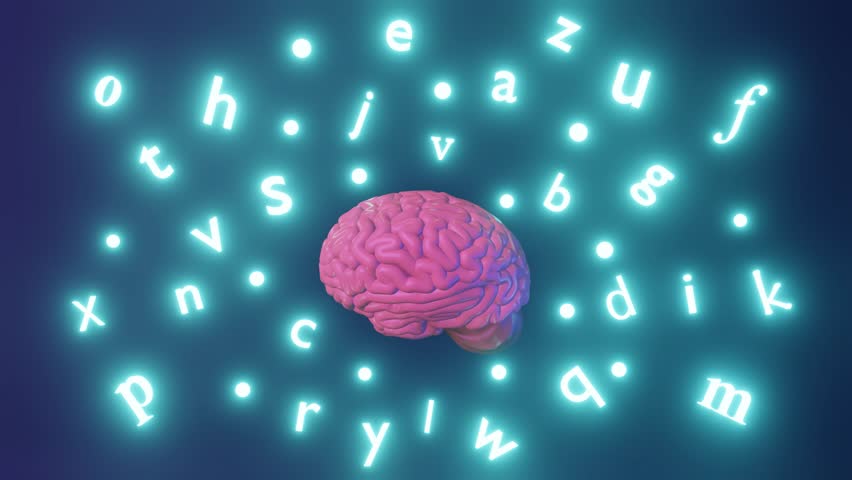 English learning Foreign language boost fluency improvement Human brain glowing letters 3d animation. Studying Native speakers Memory Online school education course Expressions idiom Listening Reading