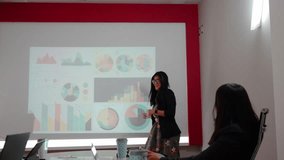 young businesswoman making a presentation using a projector, working team brainstorming and looking at graphics on a screen, young leader woman CEO boss and teamwork discussing and analyzing data