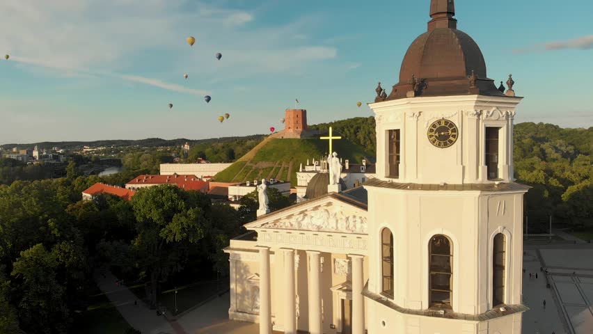 Aerial view of The Cathedral Square, main square of Vilnius Old Town, a key location in city's public life, situated as it is at the crossing of the main streets, Vilnius, Lithuania. Royalty-Free Stock Footage #1105375929