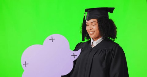 Speech bubble, graduation woman and green screen, communication and voice or college forum, FAQ or opinion. Face, student pointing or african person chat sign, studio background and tracking markers – Video có sẵn