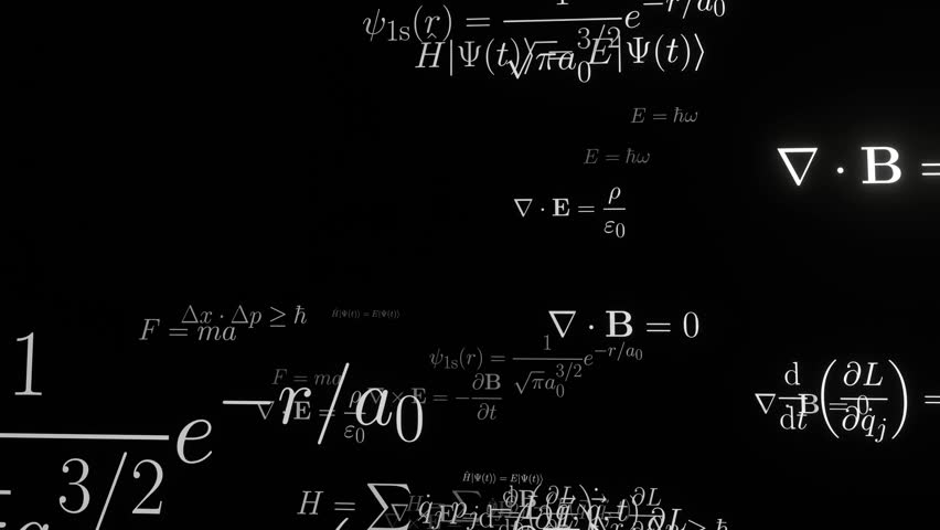 Physics formulas camera fly-through (endless loop).
Equations of classical mechanics, quantum theory, classical electrodynamics, relativity theory.
Mathematical symbols in high-quality typesetting. Royalty-Free Stock Footage #1105382023