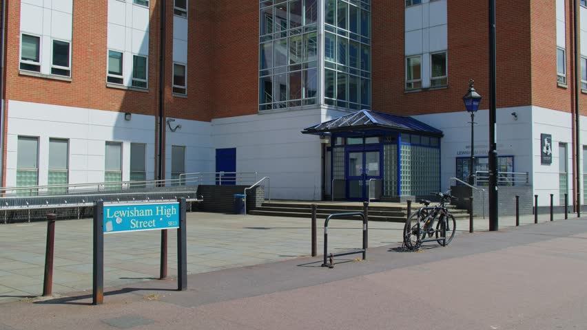 Wide Angle of Lewisham High Street and Police Station on Sunny Day, South East London.