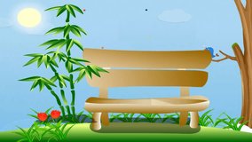 wooden bench in park background and 2d animation, beautiful natural scene, flowers, sun, trees