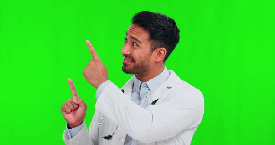 Face, doctor and man with green screen, pointing and support with decision, choice and opportunity on a studio background. Portrait, male person and medical professional with healthcare promotion