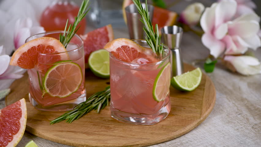 Cocktail Rose Paloma. Fresh lime and rosemary combined with fresh grapefruit juice and tequila. If you want a non-alcoholic drink, just leave out the alcohol and add more juice or tonic Royalty-Free Stock Footage #1105389227