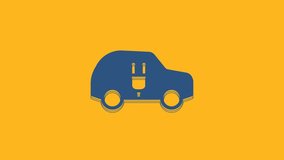 Blue Electric car and electrical cable plug charging icon isolated on orange background. Renewable eco technologies. 4K Video motion graphic animation.
