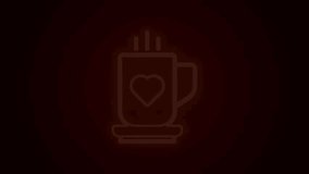 Glowing neon line Coffee cup and heart icon isolated on black background. Couple coffee for lovers on Valentines Day. 4K Video motion graphic animation.