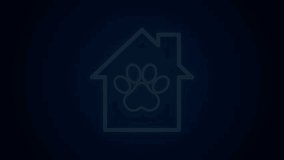 Glowing neon line Pet house icon isolated on black background. 4K Video motion graphic animation.