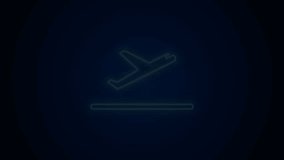 Glowing neon line Plane takeoff icon isolated on black background. Airplane transport symbol. 4K Video motion graphic animation.