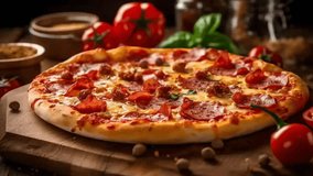 Pizza with Mozzarella cheese, salami, Tomato sauce, pepper, Flavors. Italian pizza on wooden table establishment. Video Animation