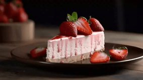Strawberry cheesecake served on plate on dim wooden table establishment. Video Animation