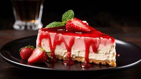 Strawberry cheesecake served on plate on dim wooden table foundation. Video Animation