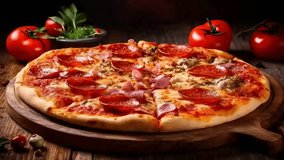 Pizza with Mozzarella cheese, salami, Tomato sauce, pepper, Flavors. Italian pizza on wooden table foundation. Video Animation