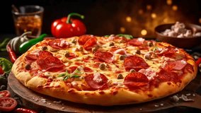 Pizza with Mozzarella cheese, salami, Tomato sauce, pepper, Flavors. Italian pizza on wooden table establishment. Video Animation