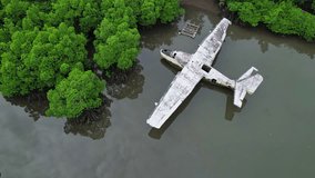 Drone footage of a wreck plane half submerged in the Philippines. Stationary video of the plane. Colors are green and grey mainly.
