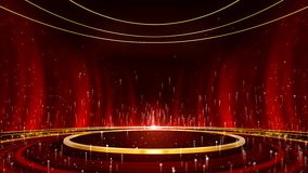 Beautiful luxury red curtain and glitter. golden shiny circle frame layers. particles trails flowing up. magical stardust,Digital Art,Computer animation,Modern background,motion design,Loopable,LED,4K